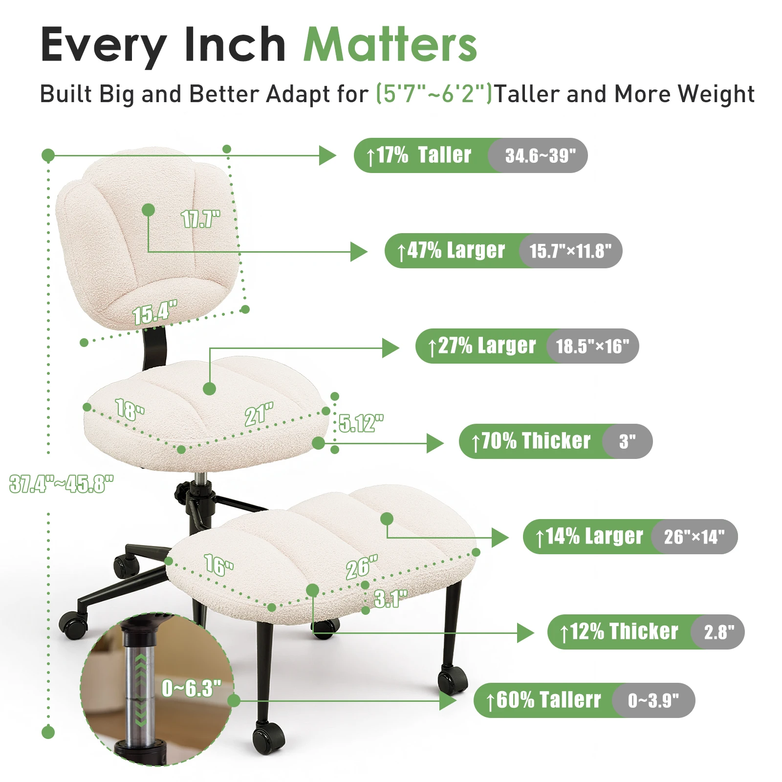 TCGBKAF Ergonomic Cross Legged Office Chair, Teddy Fabric Wide Seat Chair, 360° Swivel Desk Chair with Adjustable Footrest & Backrest, Modern Home Office Chair