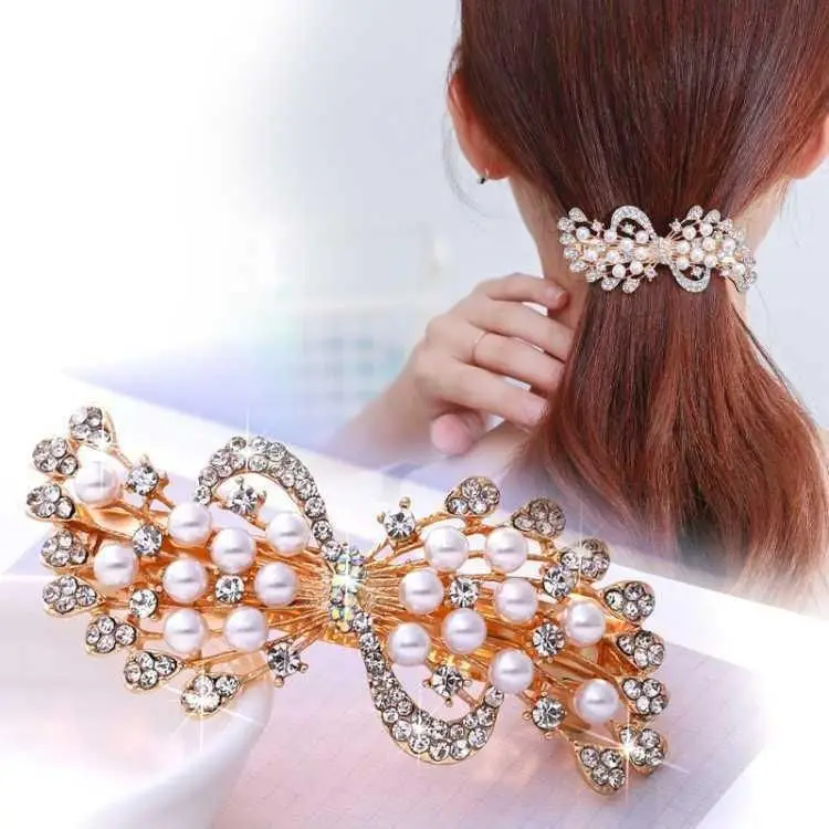 

New Luxury Elegant Pearl Rhinestone Hair Clip for Women Fashion Spring Top Hairpin Frog Clip Ponytail Holder Hair Accessory