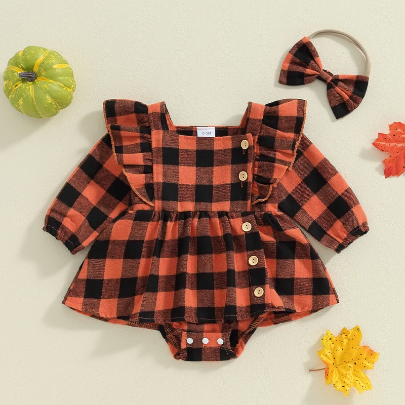 

Baby Girls Cute Halloween Outfits Plaid Print Long Sleeve Romper Dress and Cute Headband Set Toddler Fall 2 Piece Outfits