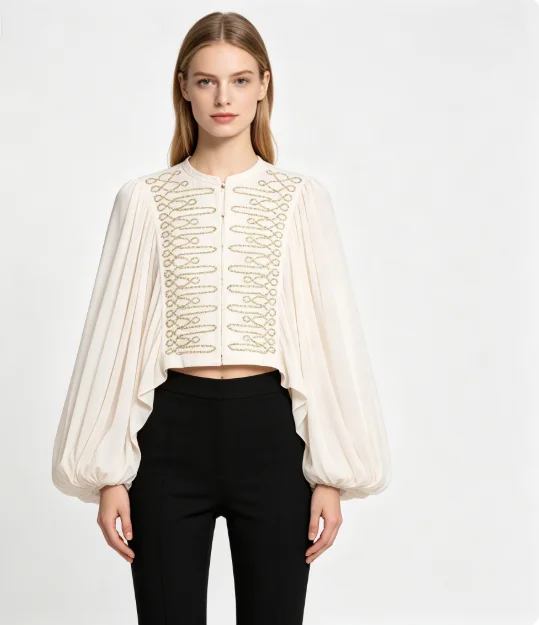 Women's 2026 Loose crew neck Romantic Knot Embroidered Shirt Stand Collar Lantern Long Sleeve Short Shirt for Casual Parties