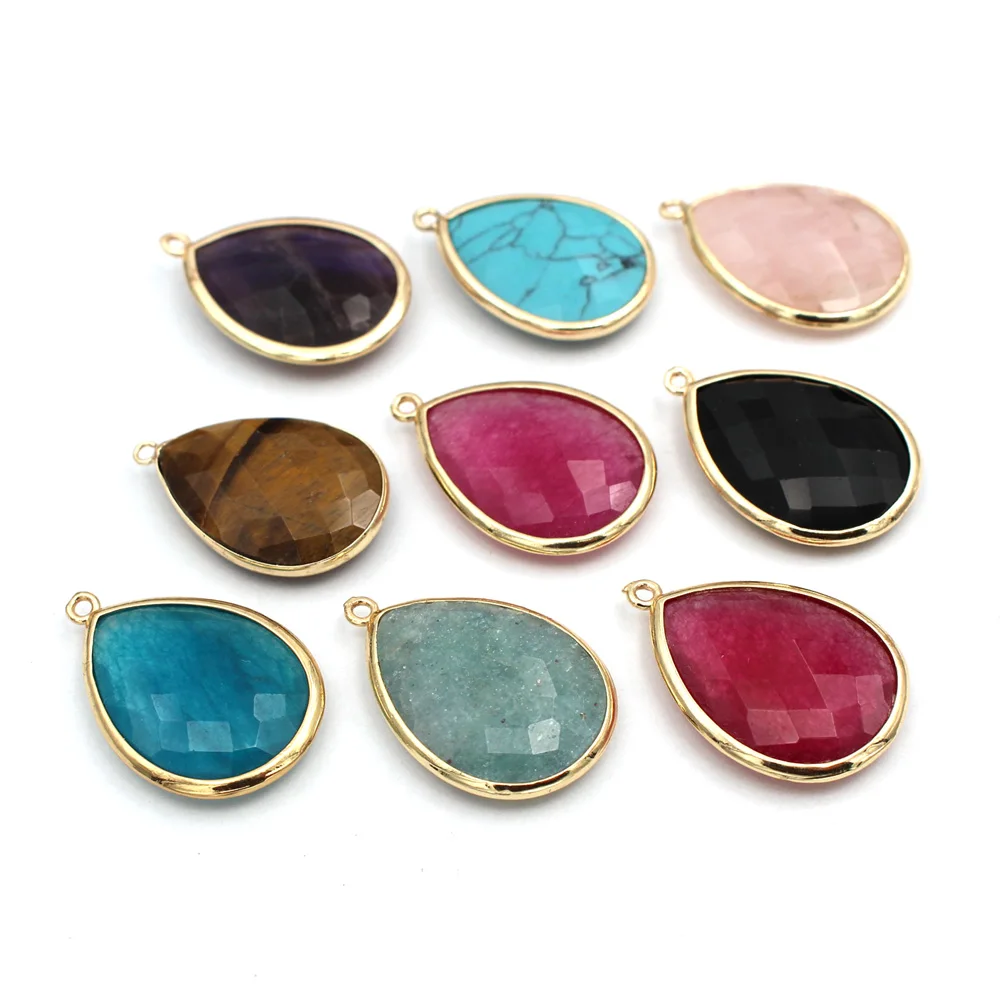 

10pcs Gold Plated Double Faceted Drops Stone Pendants Turquoise Rose Quartz Blue Red Jade Stone Charms For DIY Necklace Jewelry