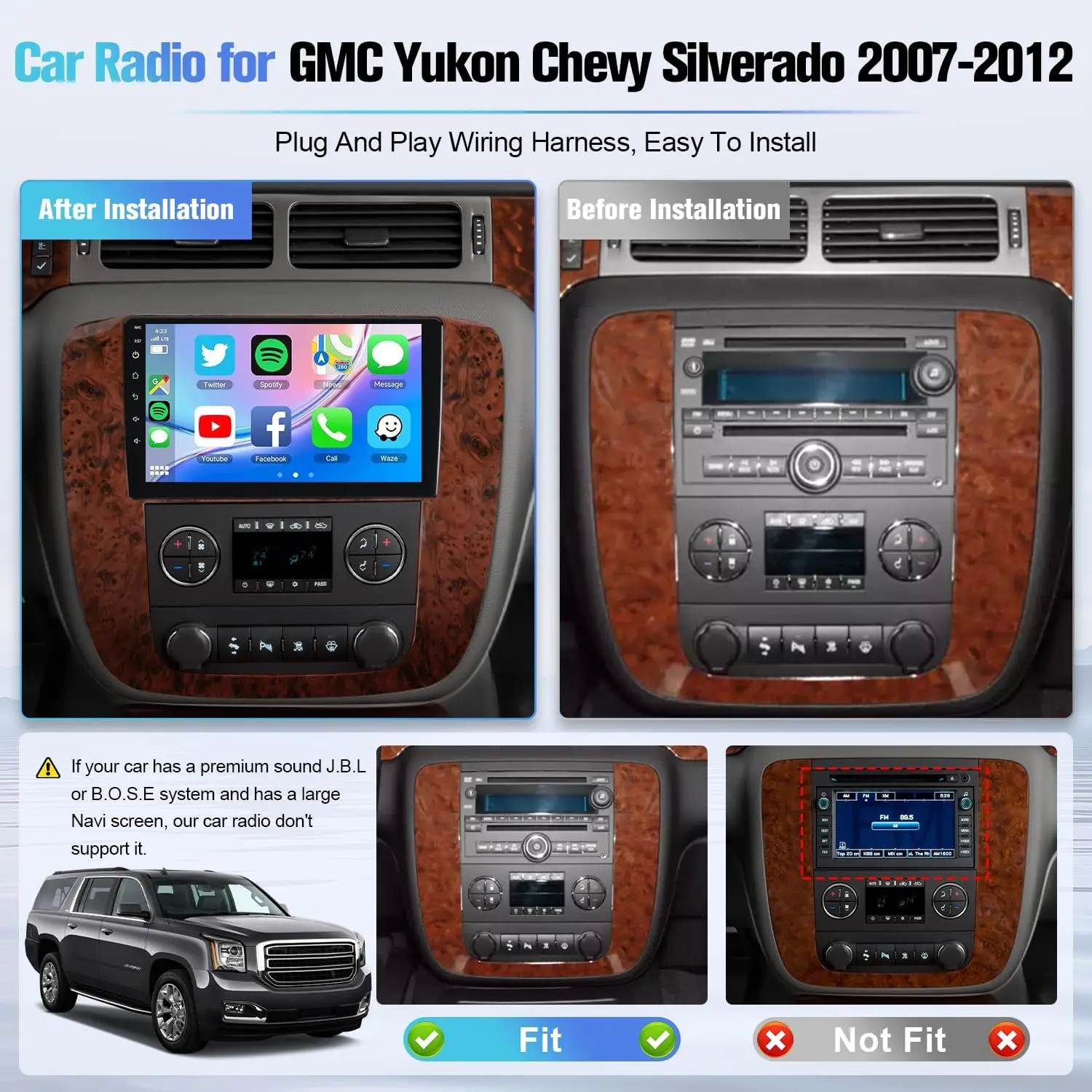 9 Inch Touchscreen Wireless Car Radio Stereo for GMC Yukon Chevrolet Chevy Silverado Tahoe Suburban 2007-2012 with Backup Camera