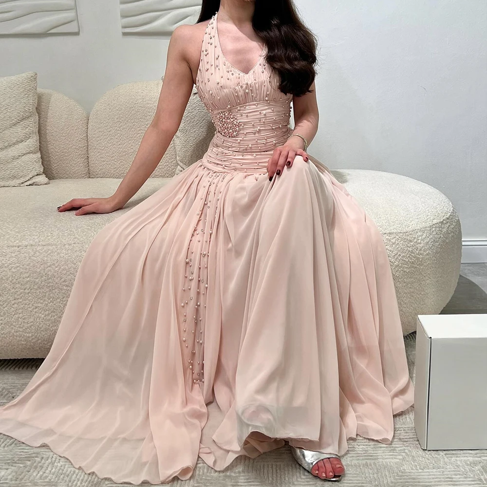 Vestidos de Noche acampanados personalizados hasta el tobillo, vestido de fiesta sin mangas con cuello en V, vestido de fiesta sin espalda con cuentas de cristal a la moda Simple