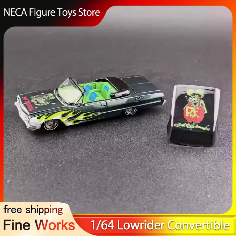 

Масштабная модель 1:64 Fine Works Lowrider Convertible Rat Fink Hot Rod, полностью открывающаяся, из литого металла, с зеленым огненным дизайном, игрушка-подарок для мальчиков, в наличии