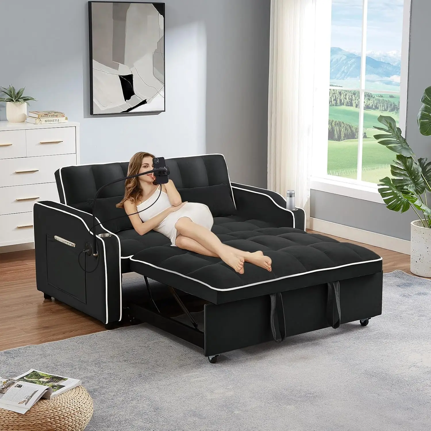 3 in 1 Convertible Sleeper Sofa Bed Velvet Pull Out Couch Bed USB Type C Port Comfy Futon Loveseat Adjustable Backrest Phone