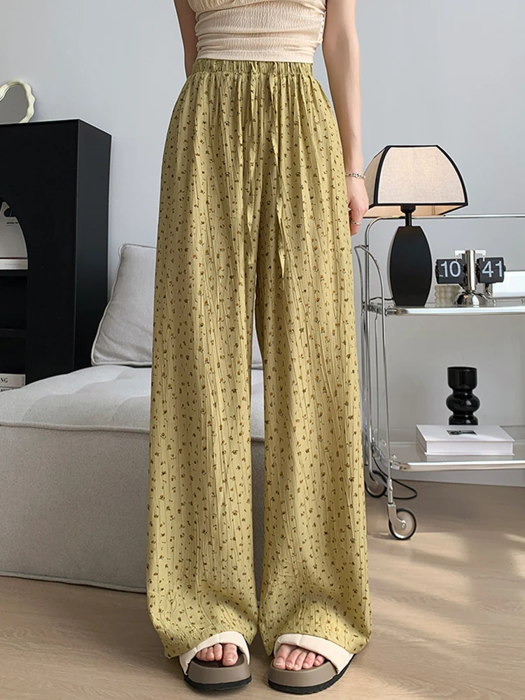 Chicly Floral Printed Sweet Casual Vintage Women Pants Summer Fashion Contrast Color Loose Simple Straight Female Wide Leg Pants