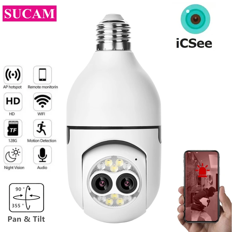 4MP Dual Screen Wireless Bulb Security Camera WIFI ICSee Smart Home MINI Wireless 360 PTZ Camera Indoor