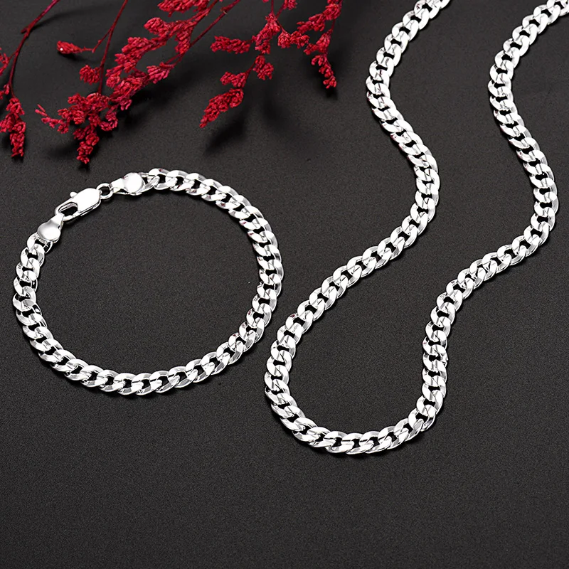 Hot wysokiej jakości 925 Sterling silver charm 7MM łańcuch bransoletki neckalces zestaw biżuterii dla mężczyzny kobiety moda wesele prezenty