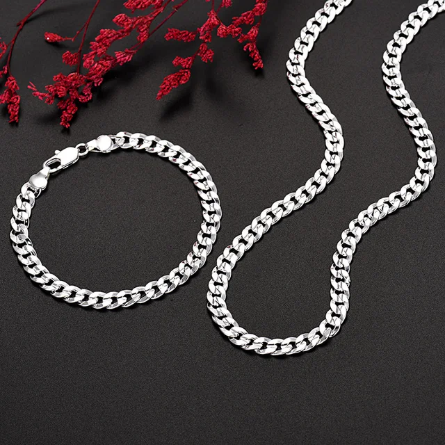 Hot wysokiej jakości 925 Sterling silver charm 7MM łańcuch bransoletki neckalces zestaw biżuterii dla mężczyzny kobiety moda wesele prezenty