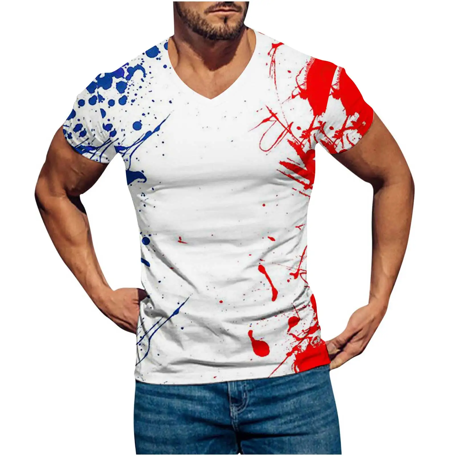 Men's V-neck sports casual print star short sleeved muscle hormone training clothes trend short sleeved T-shirt