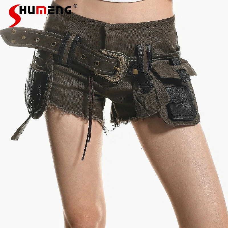 

Ladies 2026 Summer High Street Sexy Girl Tooling Denim Shorts Pocket Decoration Belt Design Shorts Solid Color Chic Short Pants
