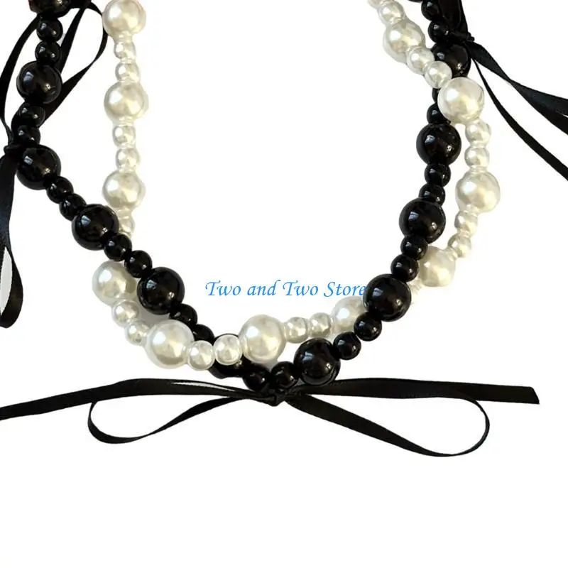 

HX6F Stylish Bowknot Pendant Necklace Handmade Ribbon Bow Beaded Neckchain Ornaments