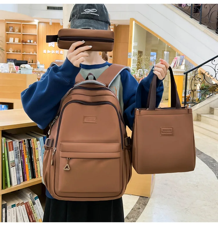 3pcs Korean Style Backpack Set Lightweight Nylon Student Bag Large Capacity Laptop Rucksack Casual Tote Pencil Pouch Teen Girls