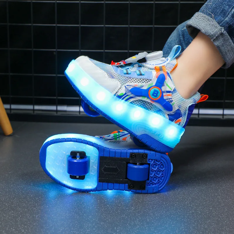 Fashion Two Wheels LED Children Roller Shoes Swivel Button Kids Skates Air Mesh Girls & Boys And Women Sneakers Size 29-40