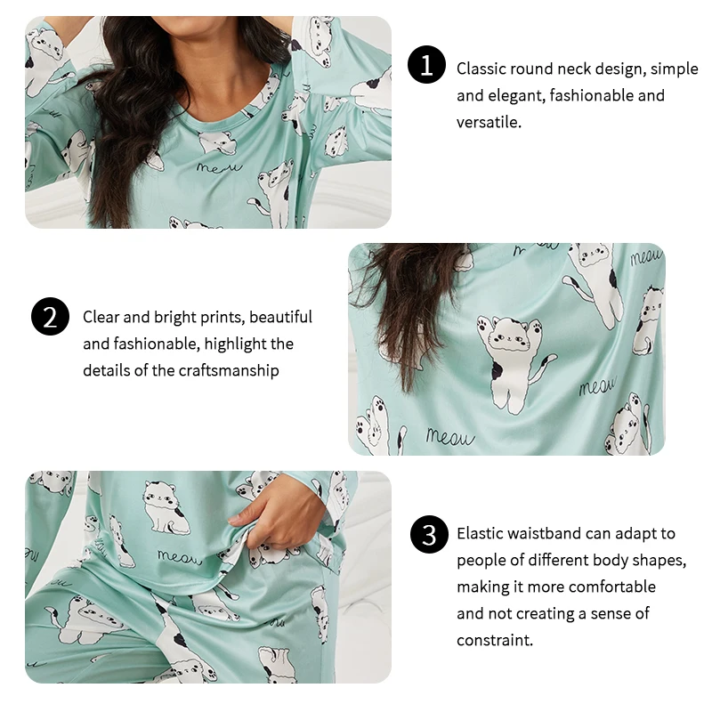 Set pigiama primaverile per donna pigiama morbido e confortevole Cute Cat Printed Sleepwear top a maniche lunghe con pantaloni Lady Pjs Set