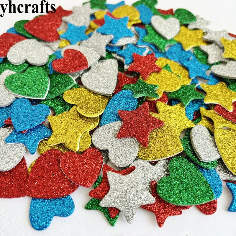 Glitter Star e Hearts Foam Adesivos, Decoração de Natal, Xmas Party Favors, Jardim de Infância Artesanato, Artesanato, 150pcs por lote