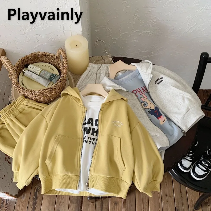 

Children Casual Sports 2pcs Sets Spring Autumn Boy and Girl Grey Yellow Zipper Hoody Sweatshirts Coat and Loose Sweatpants G0032