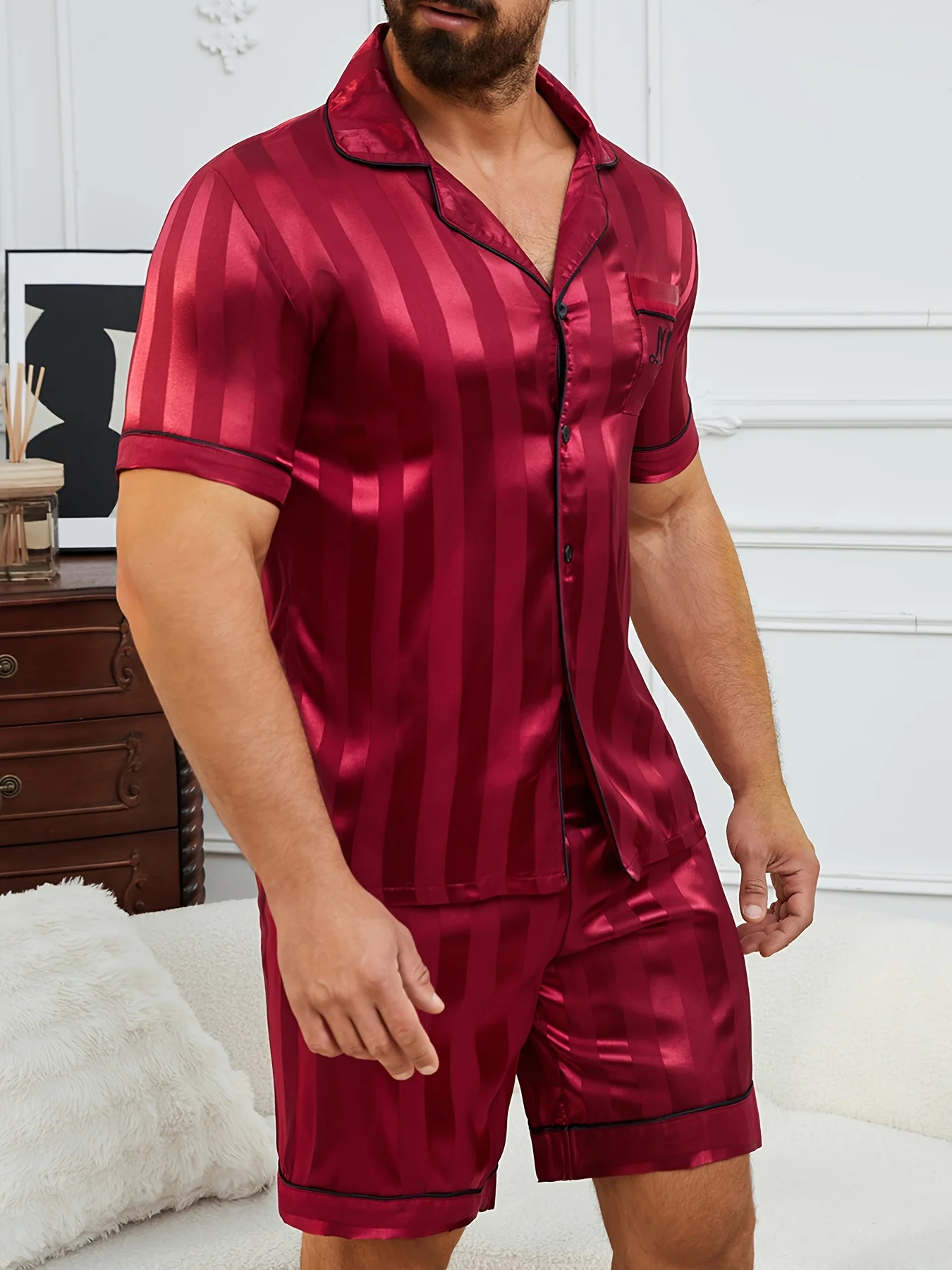 

Men'S Sleepwear Set Featuring a Short-Sleeve Top And Shorts with Burgundy Striped Embroidery Button Up Pajamas Sets Nightwear