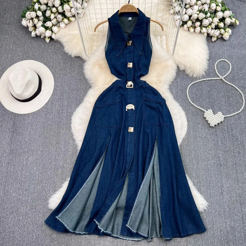 Denim Hollow Waist Sleeveless Vest Dress Women 2024 Fashion Retro Button Single Breasted A-line Split Denim Lapel Loose Dress