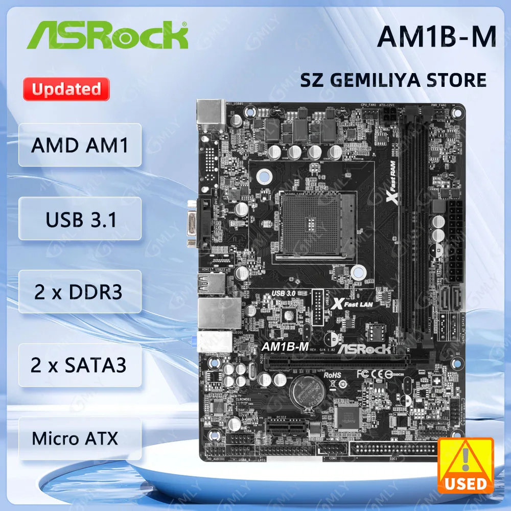 Placa base ASRock AM1B-M Socket AM1DDR3 32GB compatible con Athlon X4 AD530 AD5350 AMD Radeon R3 USB 3,1 Micro ATX usado