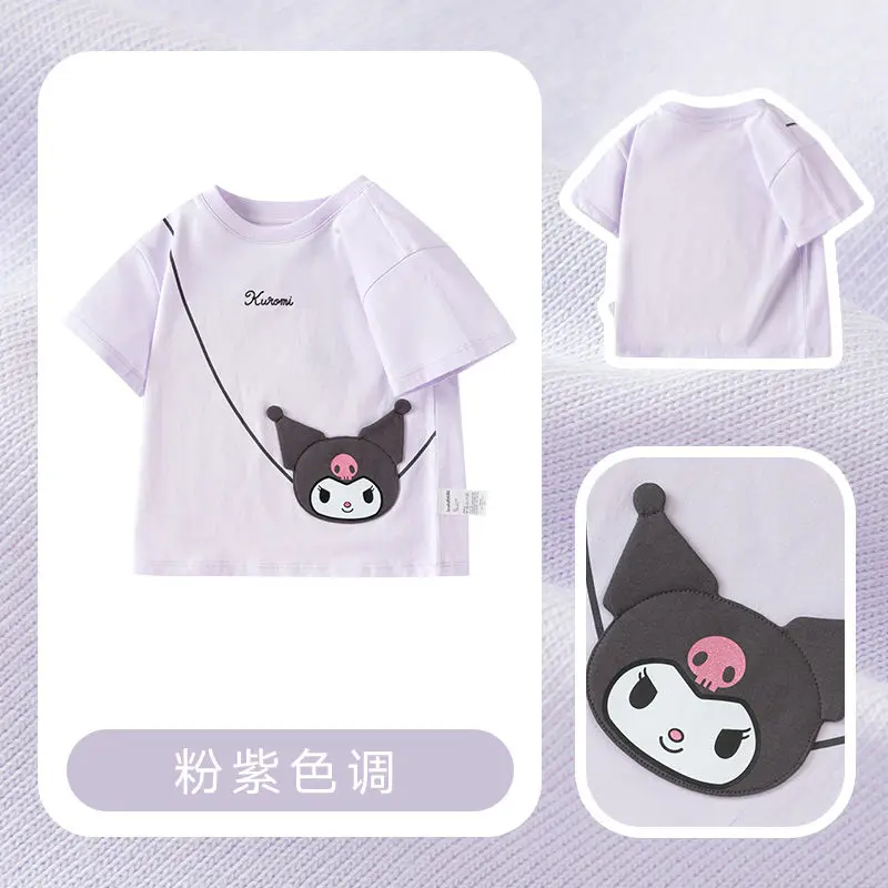 Anime Sanrios Hello Kittys Kids Cartoon Short Sleeve Kuromi Cinnamoroll Girls Cotton T-Shirt Embroidery Tops Summer Kids Clothes