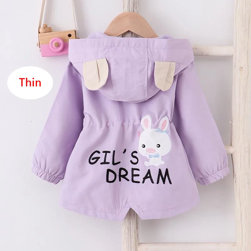 Autumn Winter Girls Thick Coat Cute Rabbit Print Jackets Can Tighten Waist Hooded Windbreaker For Kids Children Thin Outerwear