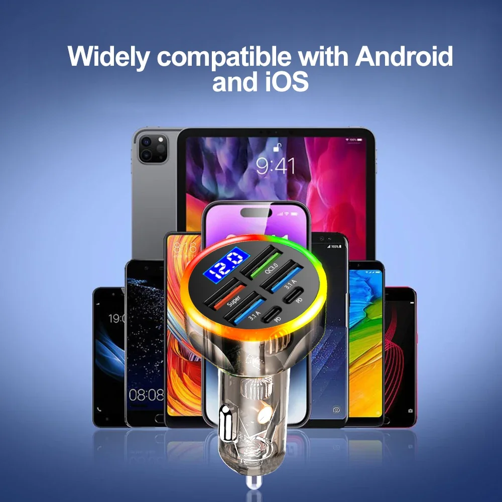 Carregador de Carro 200W QC3.0 Tipo-C com Carregamento Rápido e Case Transparente PD para iPhone 15 14 13 12 Xiaomi Poco Samsung