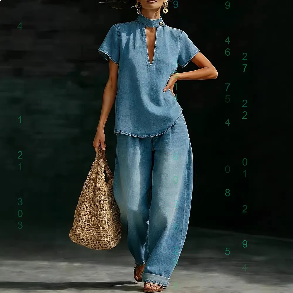 

Matching Set Short Sleeve Loose Denim Look Jumpsuit Playsuit Overall Spring Summer