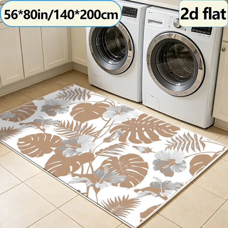 Neutral Tropical Monstera Hibiscus Leaf carpet flooring, Retro Botanical Area Rug for Living Room Bedroom Household Floor Decor view 3