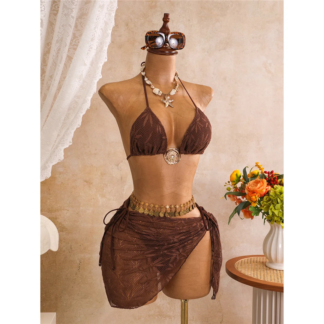 Mit Sarong-Blättern bedruckter Neckholder-Bikini, Damen-Badeanzug, dreiteiliges Bikini-Set, Badebekleidung, Badeanzug, Schwimmanzug V8367 – Detail 21