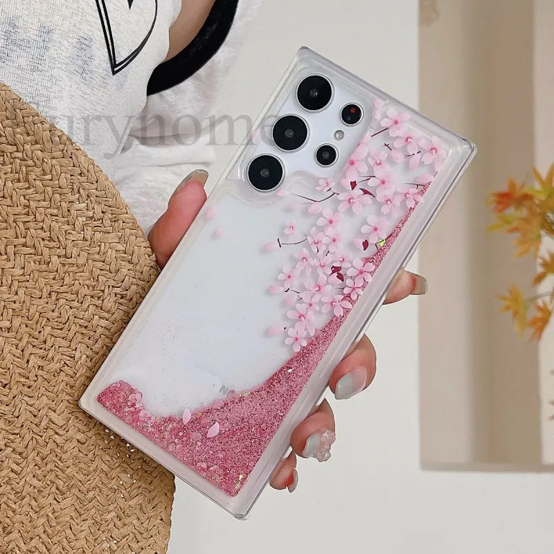 Liquid Glitter Case For Samsung Galaxy A17 A16 A56 A35 A55 A15 A25 A54 A34 A36 Pink Bling Quicksand Flower Butterfly Clear Cover