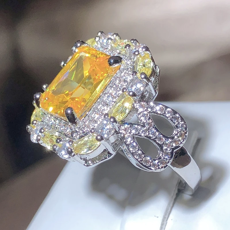 Gorgeous Square Yellow CZ Women Ring Bright Vintage Party Female Elegant Accessories High Quality Jewelry Wholesale