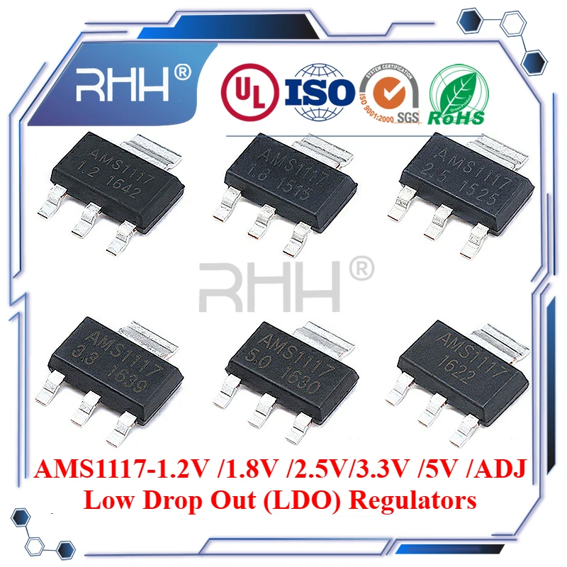 20PCS AMS1117-1.2 1.8 2.5 3.3 5.0V ADJ SOT-223 120Hz Power Management PMIC Voltage Regulators Linear Low Drop Out LDO Regulators