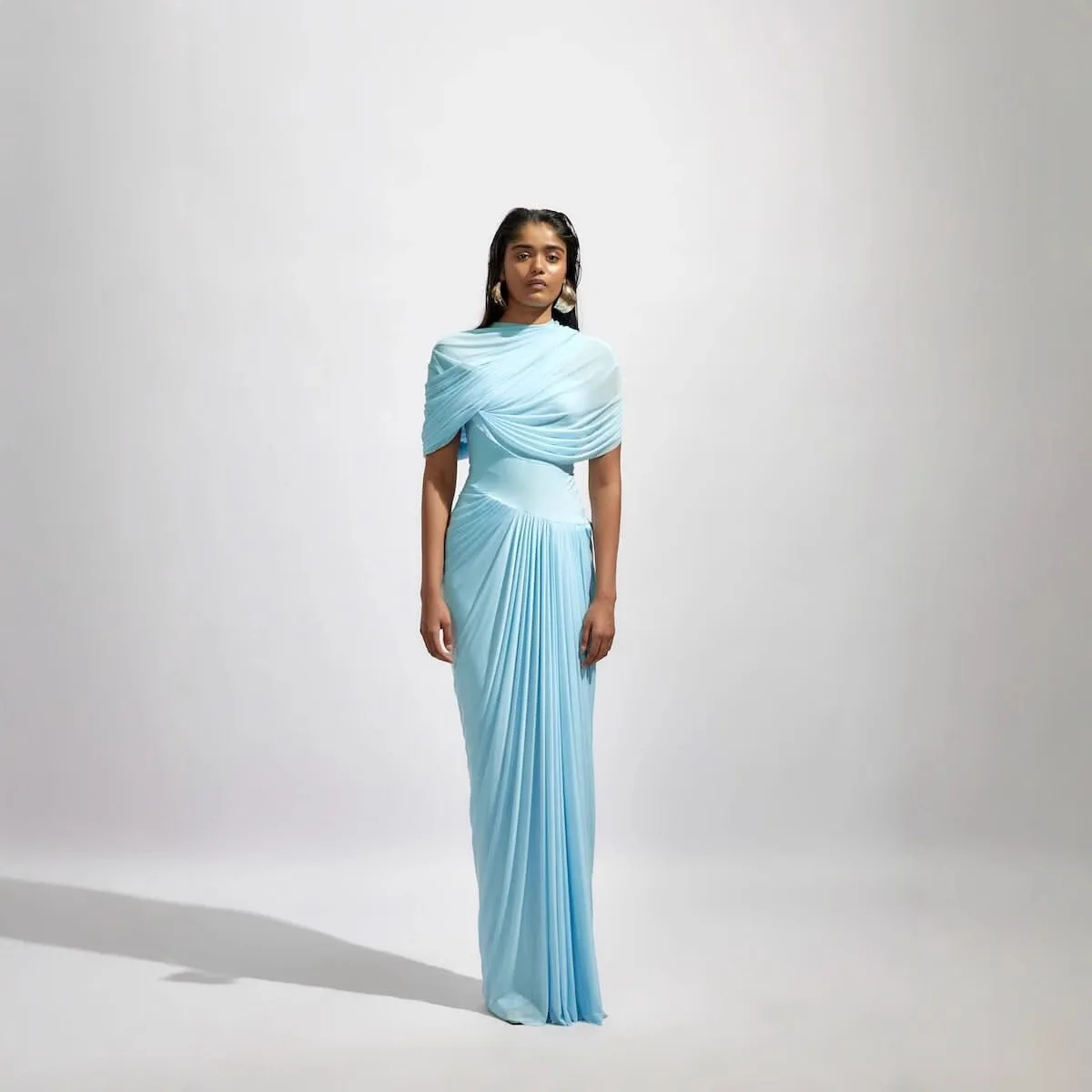 

Spring 2025 Shawl Style Pleated Wrapped Long Skirt Casual Slim Fit Dress Elegant Draped A-Line Gown for Women