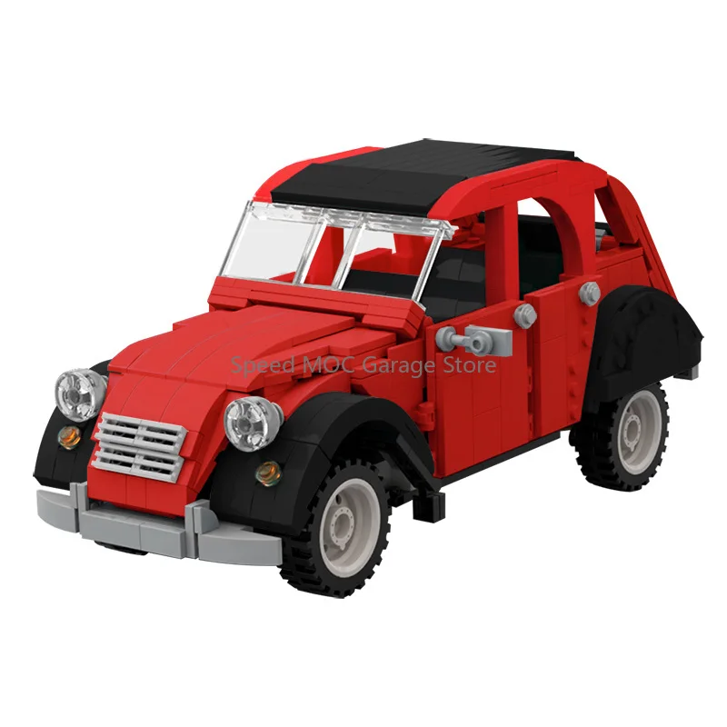 Red White Vintage French Classic Compact Car MOC Blocks Set, Retro Old City Buggy, DIY Collectible Building Toy Gift