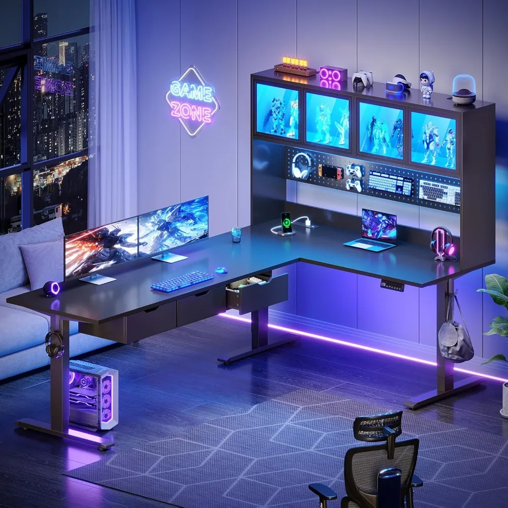 

68.9 upright L-shaped gaming table, office computer desk with storage box and drawers