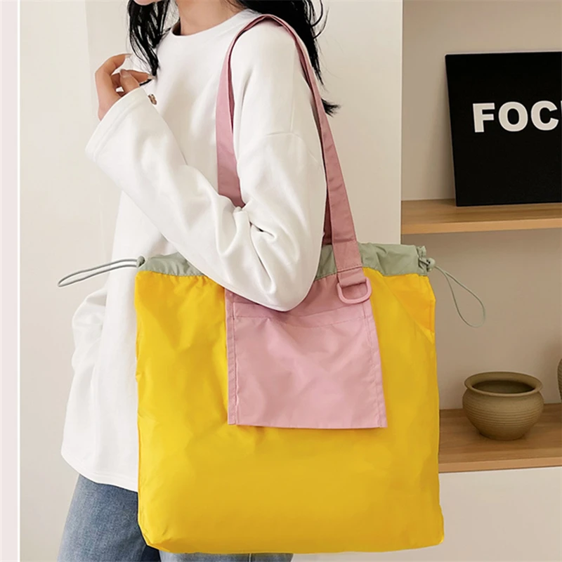 Pink Folding Shopper Drawstring Pouch Large Capacity Storage Bags for Women Color-matching Waterproof Travel Wash Bag