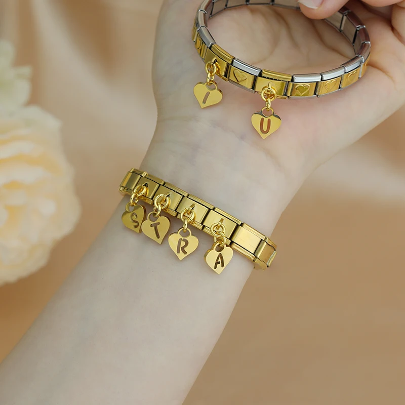 Hapiship 2024 Fashion Heart 26 English Letters Italian Charm Links Fit 9mm Stainless Steel Bracelet DIY Women Jewelry DJ1365
