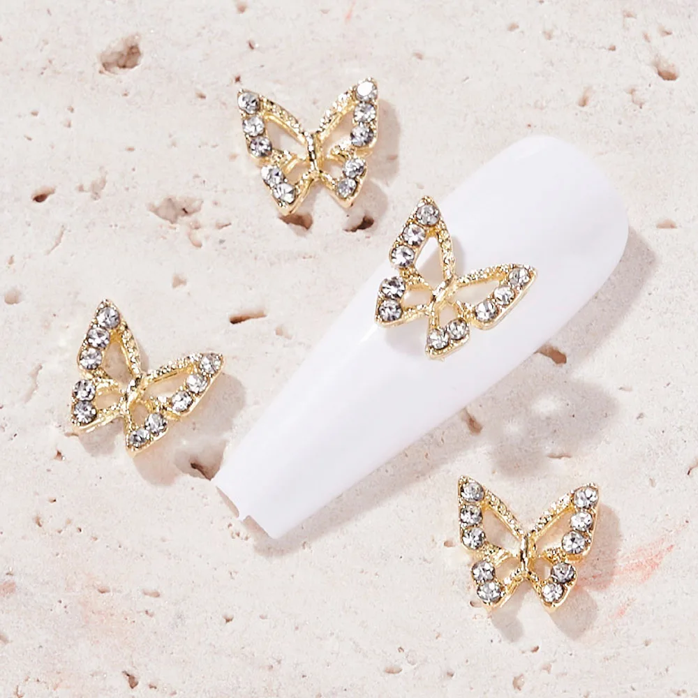 -abalorios para uñas de aleación de mariposa, 10 Uds., 3D, oro/plata, mariposa, cristal, diamantes de imitación, joyería para uñas, accesorios de decoración artística para uñas DIY