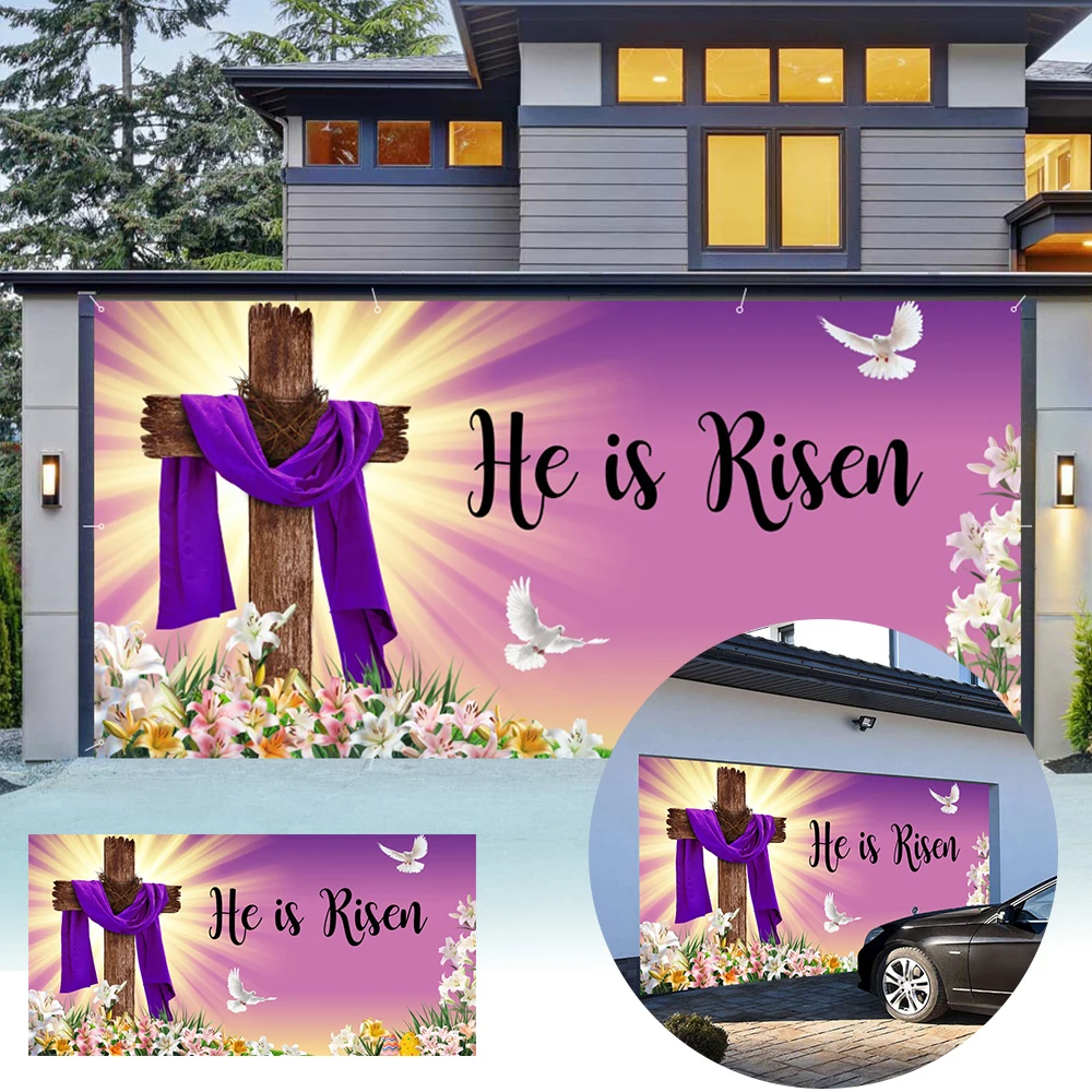 

Баннер на гаражные ворота «Он воскрес» с пасхальным крестом, фиолетовый, весенний, для украшения дома и детских праздников, фон для фотосессий, полиэстер, большой размер
