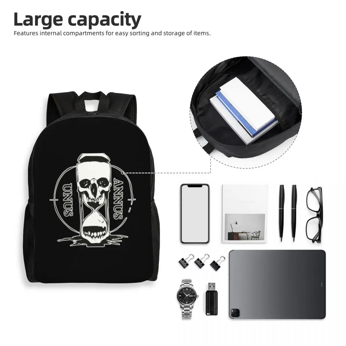 Mochila de viagem Unus Annus para homens e mulheres, mochila escolar para laptop, Memento Mori College Student Daypack Bags