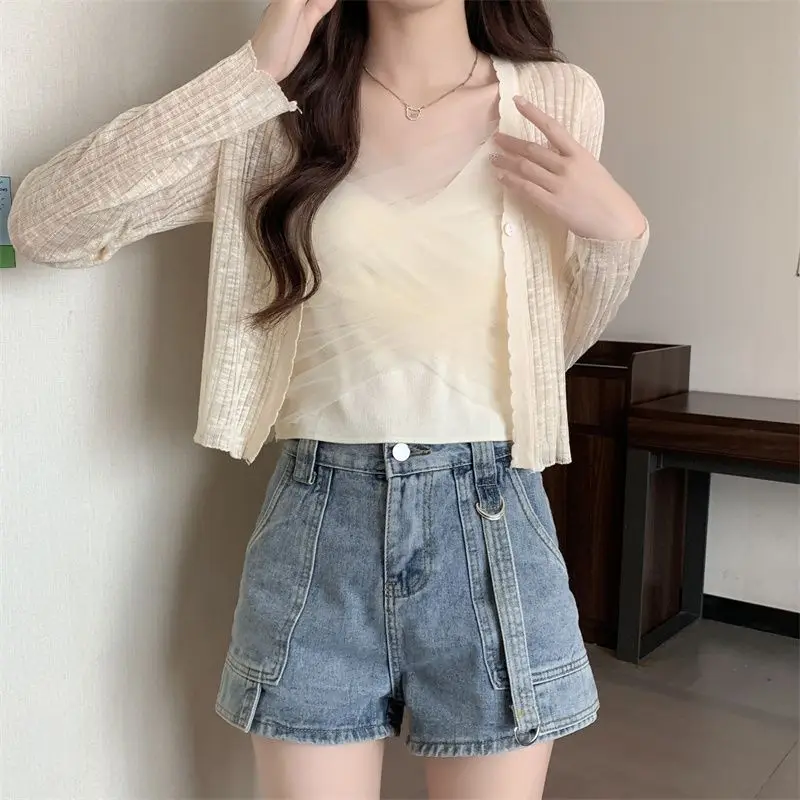 Women Short Ice Silk Knitted Cardigan Thin Summer Knitted Sun Protection Shirt Casual Shirts Thin Transparent Tops