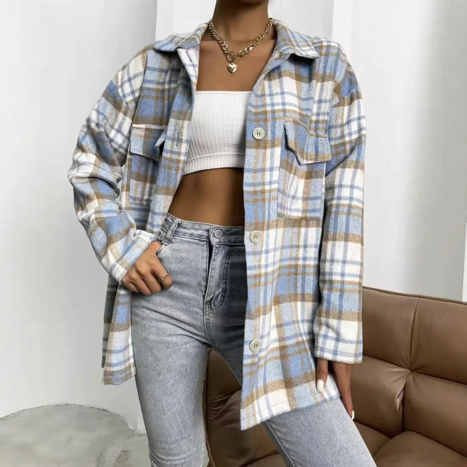 

2026 Spring Women Shirt Blouses Top Turn Down Collar Long Sleeve Tops Y2k Streetwear Casual Autumn Plaid Elegant Short Shirts