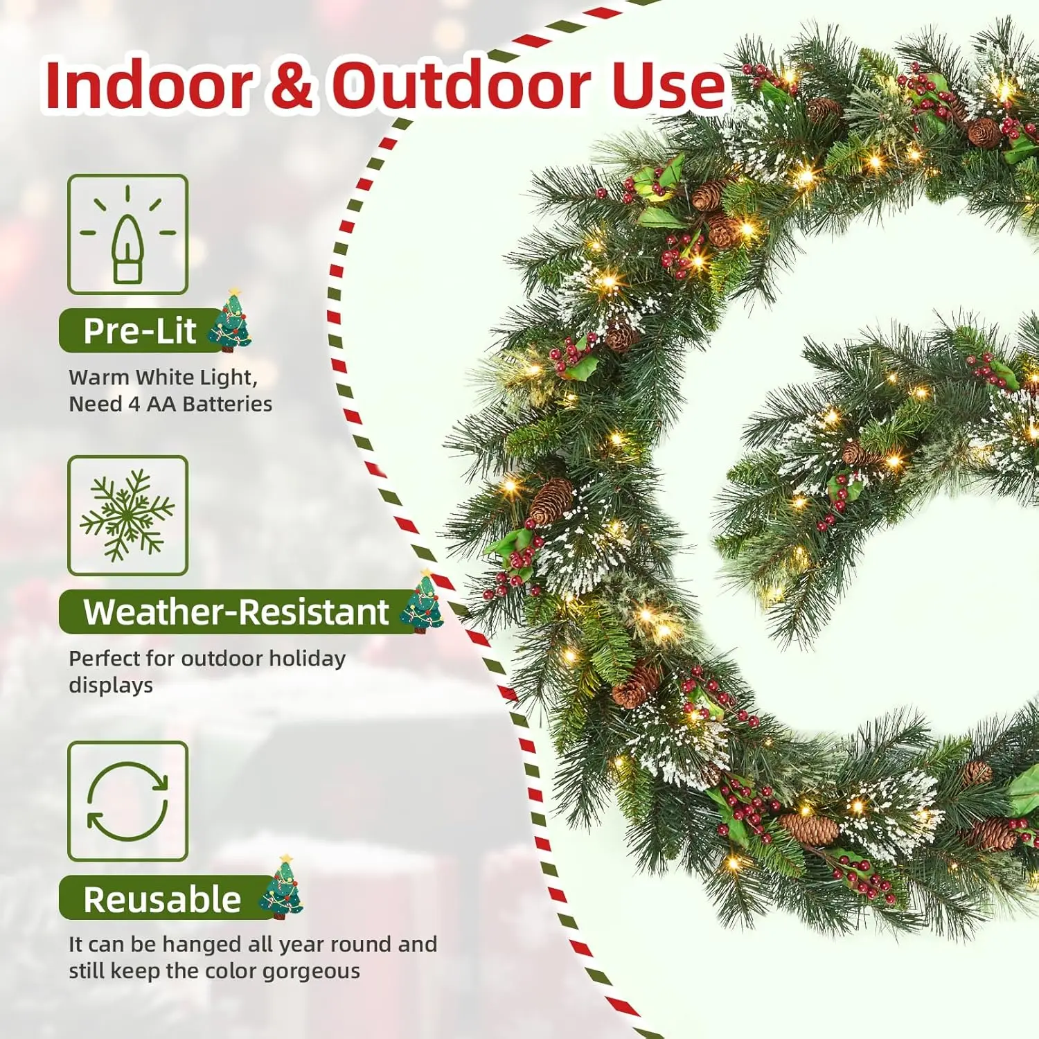 9FT قبل مضاءة عيد الميلاد إكليل مع أضواء الاصطناعي فرع عيد الميلاد الكرمة الدافئة الأبيض LED توافدوا الخضرة جارلاند عطلة ديكور