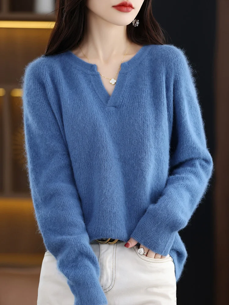 100% Mink Cashmere Knit Pullover Women V-Neck Thicken Sweater Casual Large Size Blouse Autumn Winter New Long-Sleeved Base Shirt