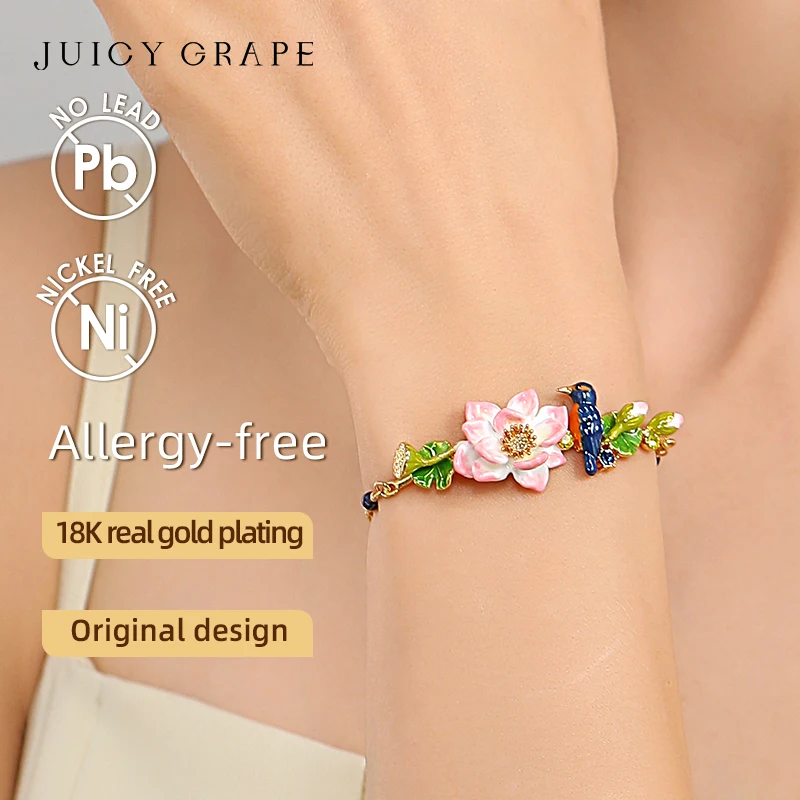 3D Stereoscopic Lotus Kingfisher Bracelet for Women 18K Gold Plated  Handmade Enamel Bracelet Non-fading Jewelry Birthday Gift