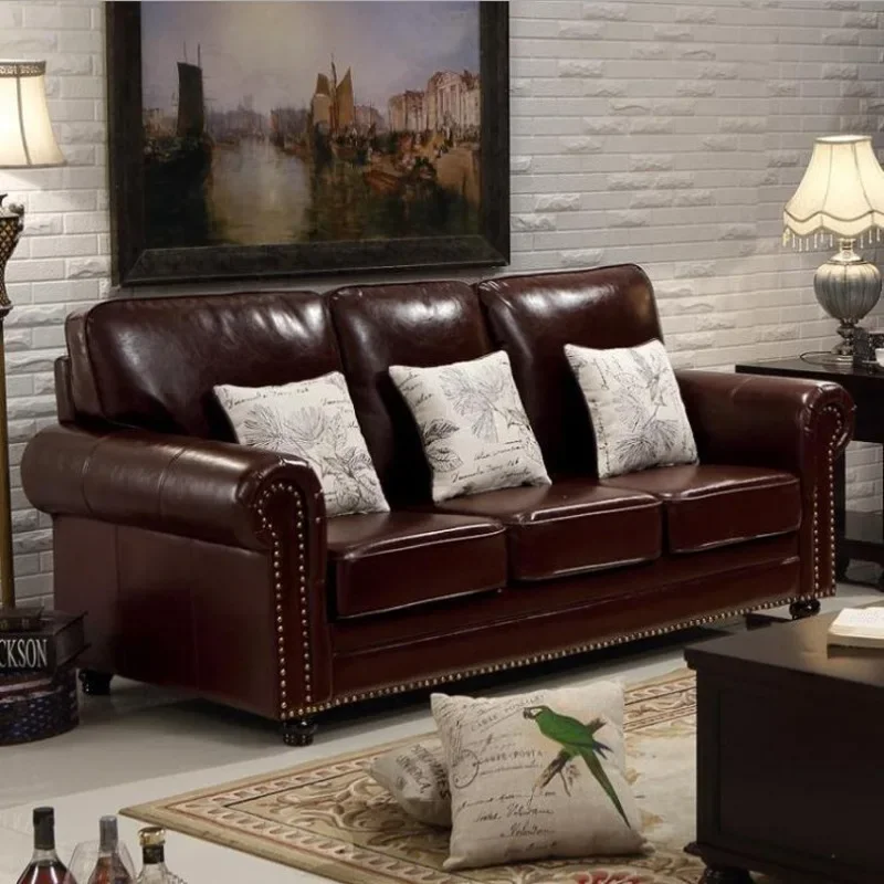Simple modern retro American leather sofa combination living room three-digit leather art small apartment first-floor cowhide