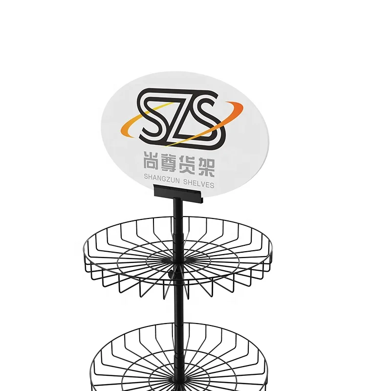 Supermarket shop hot sale simple fruit adjustable wheels metal stand 4 tier round basket floor spinner display rack