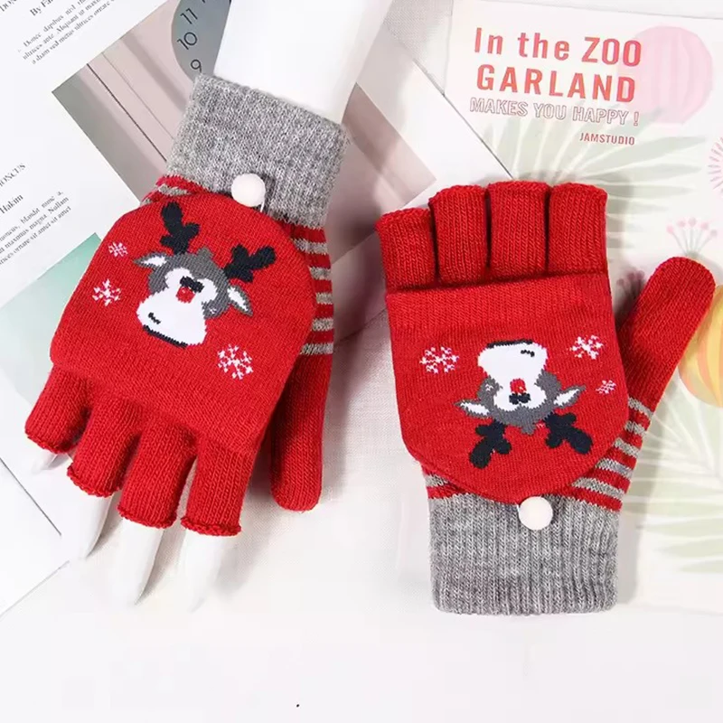 Red Christmas Fingerless Flip Gloves for Women Elk Christmas Tree Printed Holiday Atmosphere Warm Knitted Glove Student Supplies