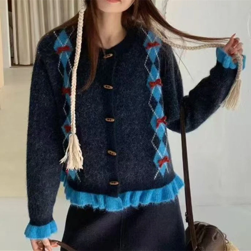 Korea Chic Horn Button Small Fragrance Sweaters Vest Knit Slim Fungus Lazy Cardigan Age Reduction French Style Knitwear